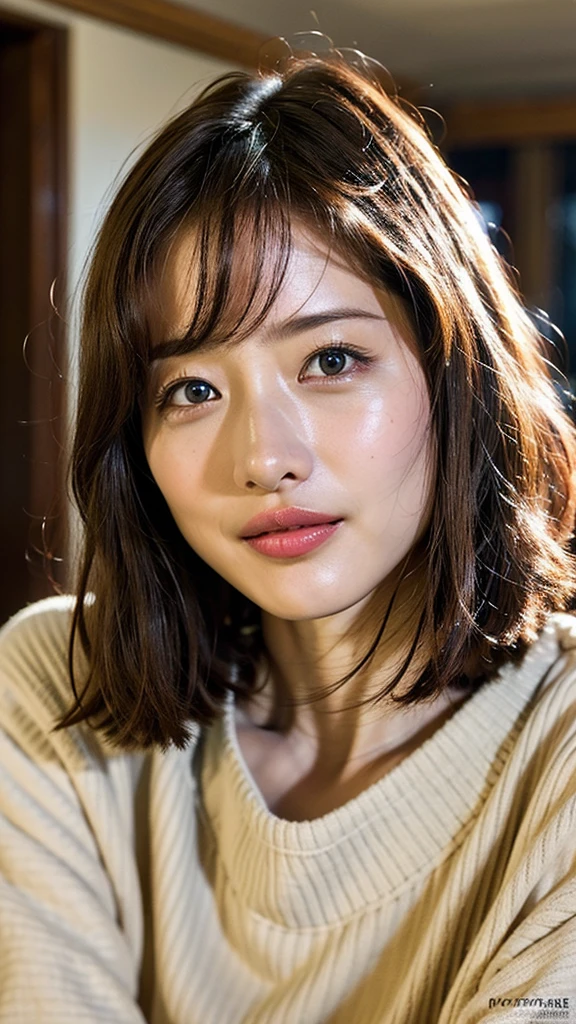 ((masutepiece,top-quality)), (photographrealistic:1.4),((masutepiece,8K))、white wall、(white room)、((full body photo))、shot in natural light、Highly detailed face and skin texture、highly detailed lips、correct state of the human body、Super high resolution、(Photoreal:1.4)、top quality, 1 beautiful woman, 28 years old, s, 150mm lens、Light yellow Knit、(Dark brown medium shorthair)、Japanese woman、(dark brown hair)、Versatile poses、looking at the camera、Natural color lip、Winter clothes、 necklace、indoor