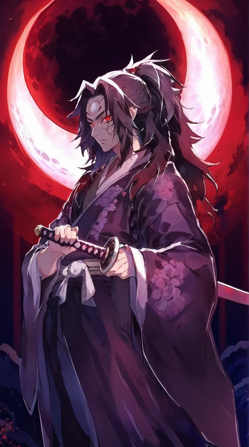 a close up of a person holding a sword in front of a red moon, demon slayer artstyle, handsome guy in demon slayer art, demon samurai, beautiful male god of death, demon slayer rui fanart, itatchi uchiha, demon samurai warrior, onmyoji portrait, madara uchiha, akiyuki shinbou, add shadow, light, dark, 6 eye's