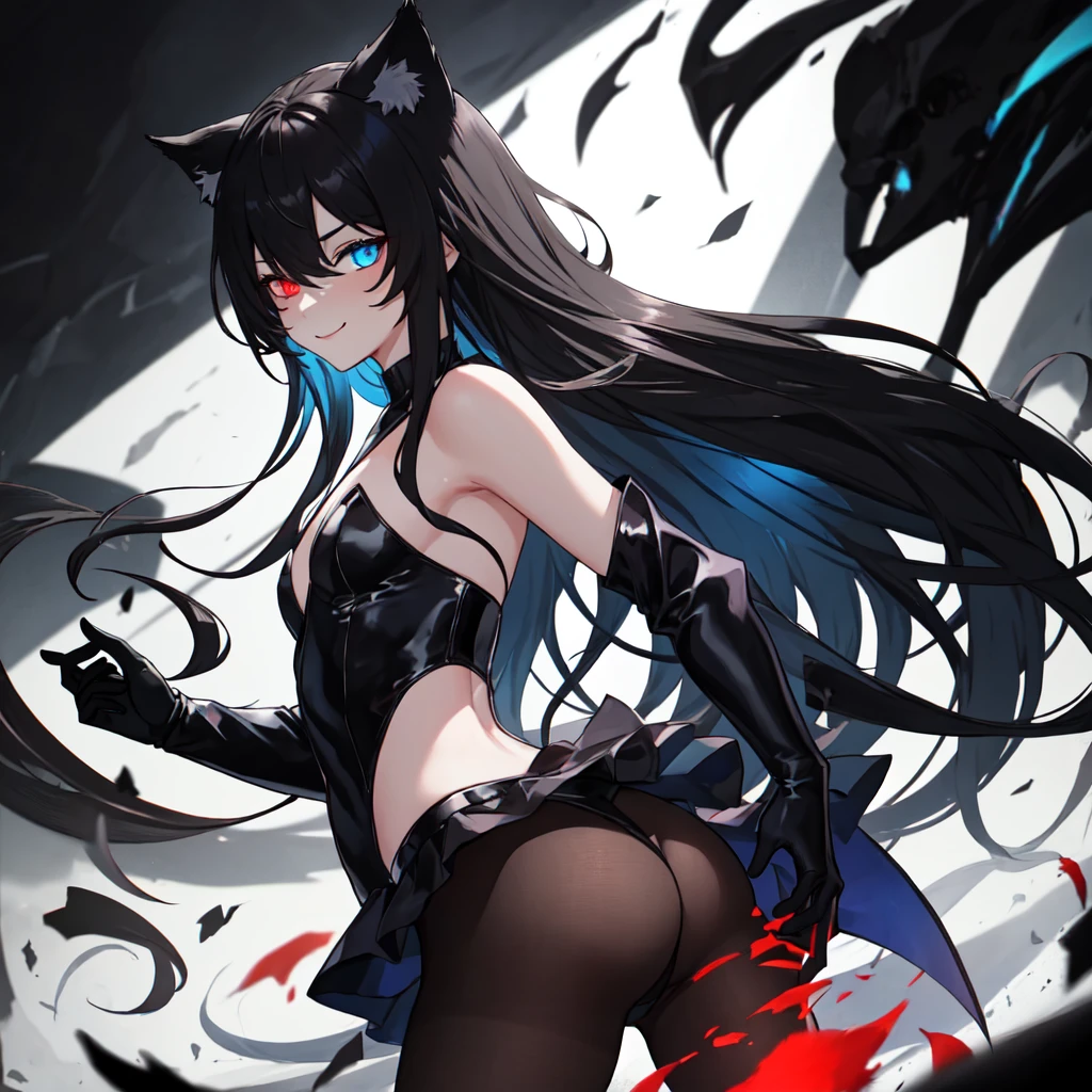 1boy, 8k, best quality, good quality, masterpiece, (stunning black long hair:1.2), heterochromia, (dark blue right eye:1.3), (red left eye: 1.3), (dark theme:1.3), (dark atmosphere:1.3), wild hair, glowing eyes, cat ears, energy wolf in background, high resolution, Anime ((boy)) with black hair and dark blue eyes stares at camera, Glowing dark blue eyes, slim, dressed in a sexy black outfit, Shadow Body, monochromes, hair messy, Aggressive smile, transparent pantyhose, round butt