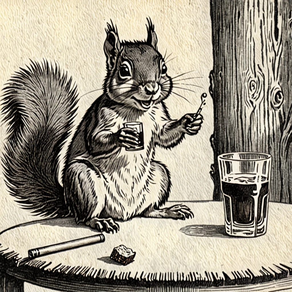 Squirrel, drunk, drinking Rum, vintage, pencil draw