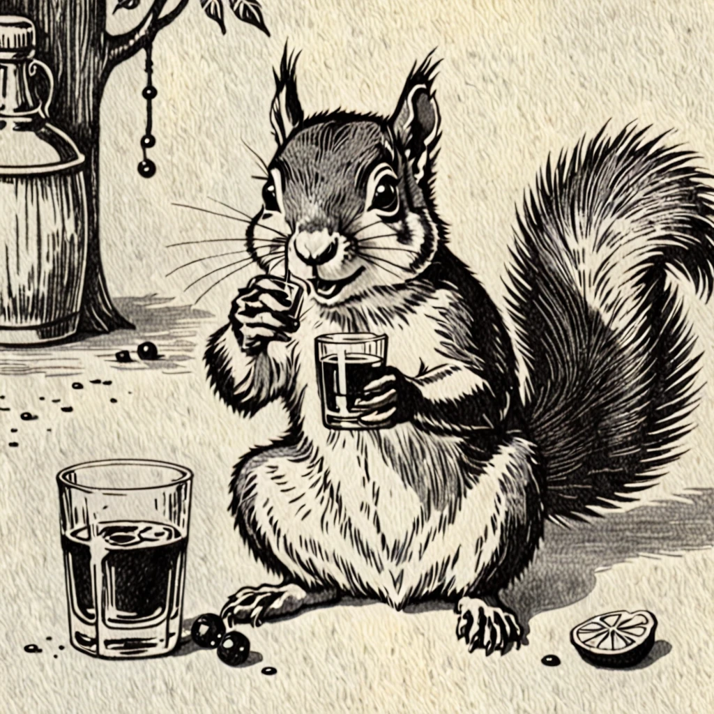 Squirrel, drunk, drinking Rum, vintage, pencil draw