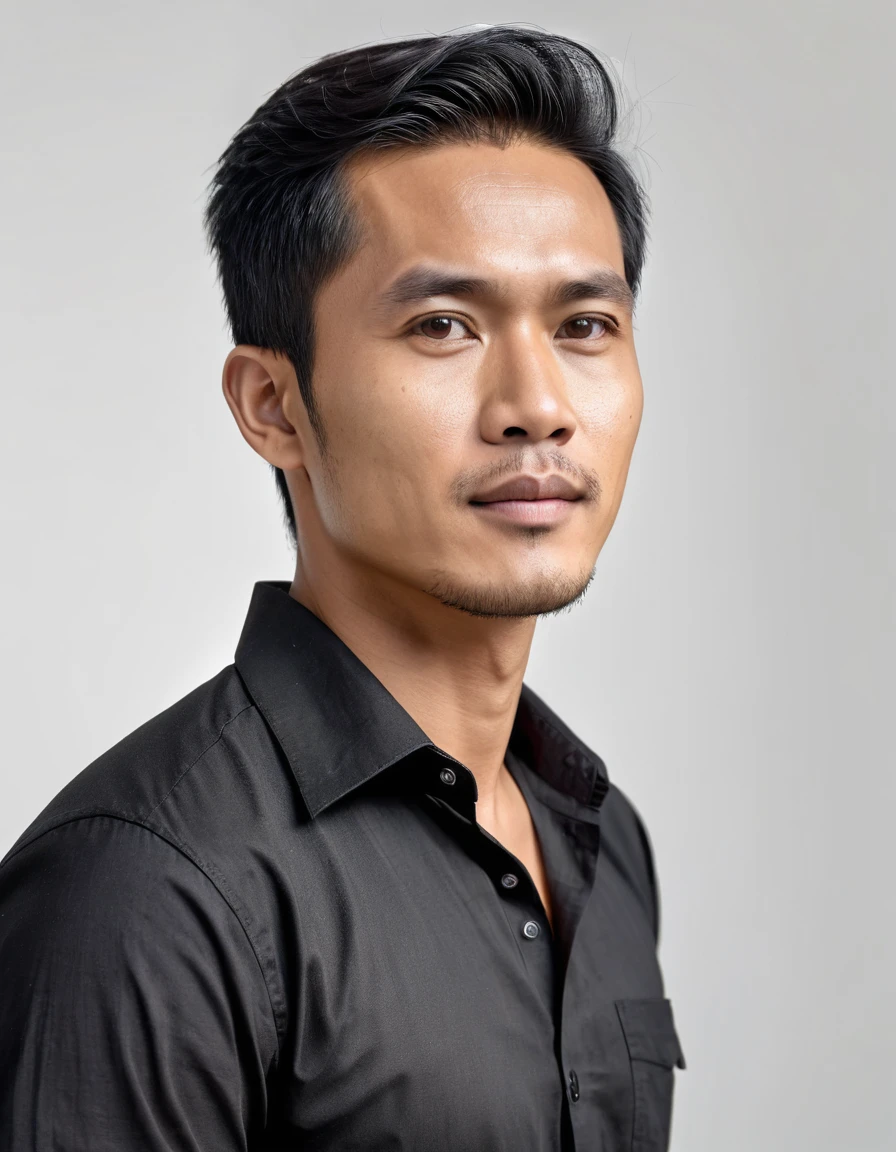 (High quality, 4K, HDR) A handsome Indonesian man, 30 years old, with short hair, wearing a black shirt,  facing right side, looking straight. (white background), (realistic, super detail)