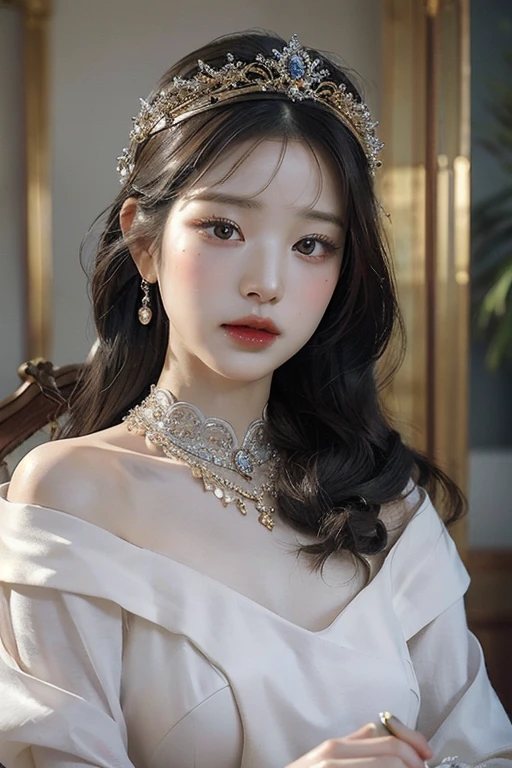 (highest image quality), (masterpiece), (vibrant, photography realistic, Realistic, Dramatic, Sharp focus, 8K), Highly detailed face and skin texture, white classy elegante dress, fancy jewelry , ethereal beauty, mature asian woman, black long hair, make up, detailed chandeliers on the background, golden light