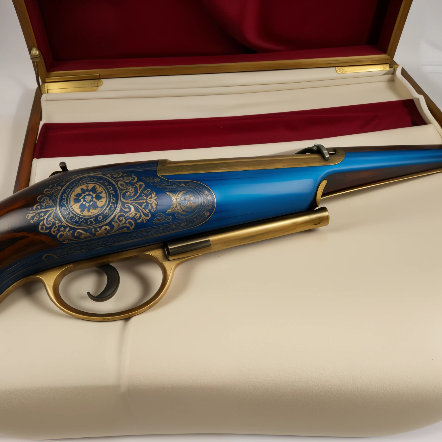 realistic flintlock pistol with an intricately designed barrel with blue trim and an ivory handle