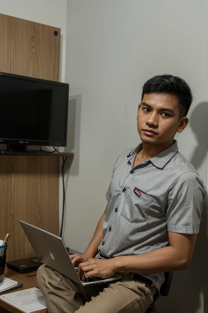 4D caricature of a young Indonesian man aged 30 years, wearing a shirt, holding a laptop, in the office. realisti
