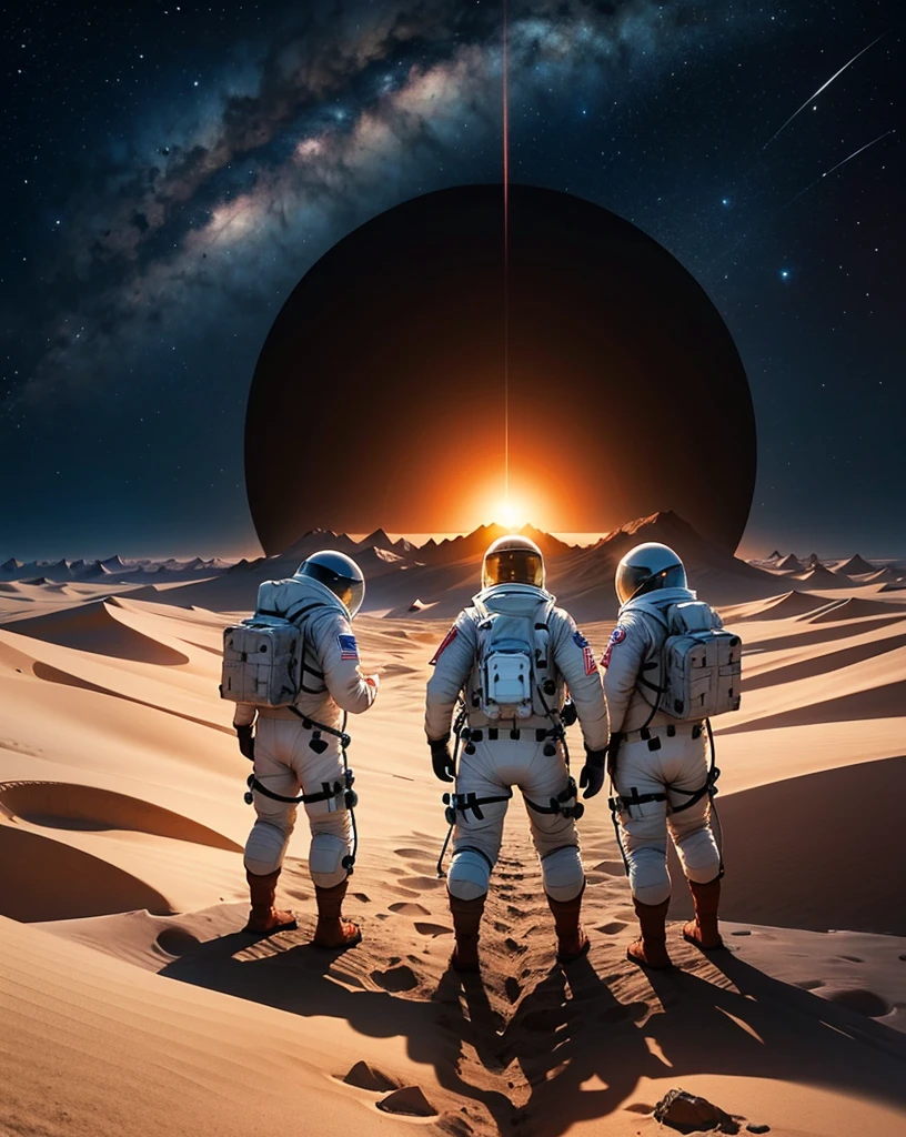 An awe-inspiring scene on Mars where three astronauts have just arrived on the red planet in a spacecraft resembling an advanced rover. The Martian landscape is barren, filled with reddish sand dunes under a dusty, orange-hued sky. The spacecraft is sturdy, with large wheels and extended solar panels, designed for navigating rough terrain. The astronauts, clad in white spacesuits with reflective helmets, are exiting the vehicle and taking in the breathtaking view, filled with a sense of wonder and accomplishment. In the background, the Martian horizon with mountains and valleys can be seen, with a faint Earth visible in the distant sky.