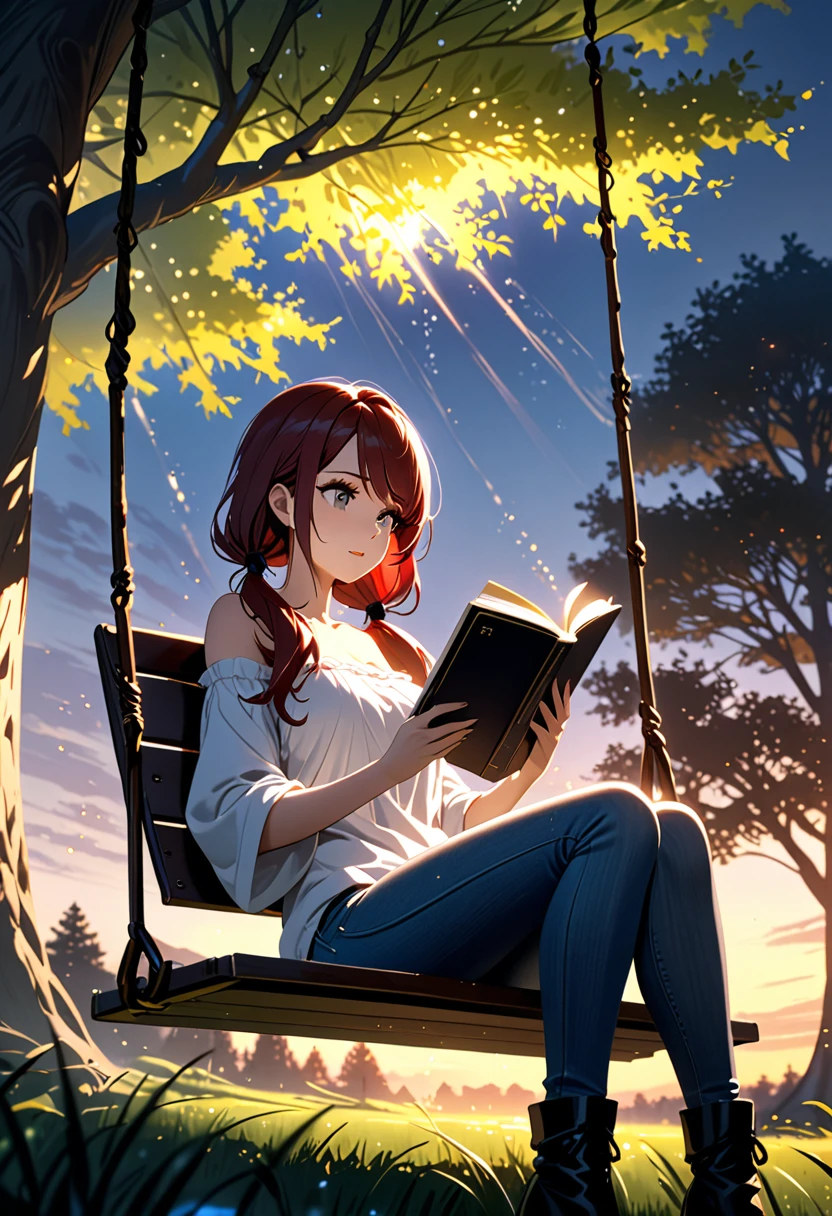 masterpiece, best quality, 1 young woman, beautiful, dusk, particles,magic, cozy, sitting on swing beneath willow tree and reading book, dark red hair in low twin tails, swept bangs, gray eyes, strapless white top, jeans, black boots,
dramatic light, beautiful lights,4k, gorgeous, cinematic,