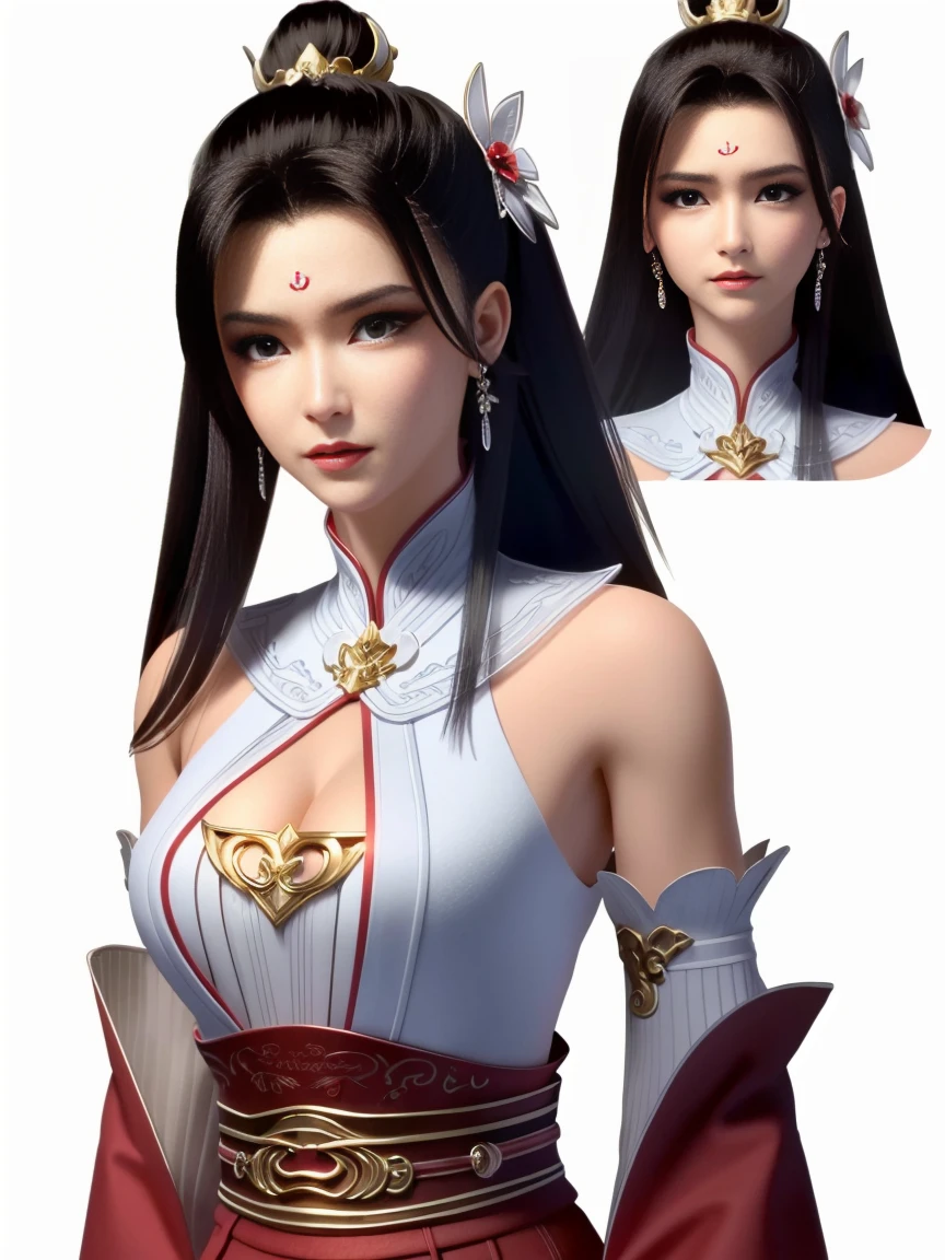 ((HRD, HUD, 8K)),((masterpiece, best quality)), highly detailed,
1girl, solo, hair ornament, hair bun, black hair, long hair, forehead mark, facial mark,
earrings, jewelry,
dress, chinese clothes, bare shoulders, detached, sash,
simple background, white background, upper body, standing, looking at viewer,