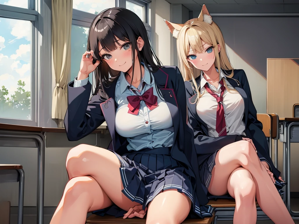 high school girl、Dressed in high 、School classroom、(Big Breasts)、((独奏))、smirk,Cheek resting on hand、Crossing legs
