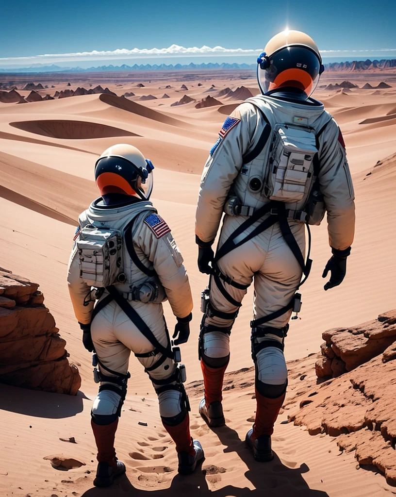 An awe-inspiring scene on Mars where three astronauts have just arrived on the red planet in a spacecraft resembling an advanced rover. The Martian landscape is barren, filled with reddish sand dunes under a dusty, orange-hued sky. The spacecraft is sturdy, with large wheels and extended solar panels, designed for navigating rough terrain. The astronauts, clad in white spacesuits with reflective helmets, are exiting the vehicle and taking in the breathtaking view, filled with a sense of wonder and accomplishment. In the background, the Martian horizon with mountains and valleys can be seen, with a faint Earth visible in the distant sky.
