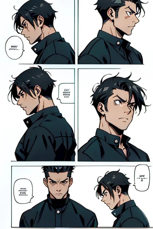 Guy with short black hair smoking and punching someone in the face, manga page with panels and dialogue