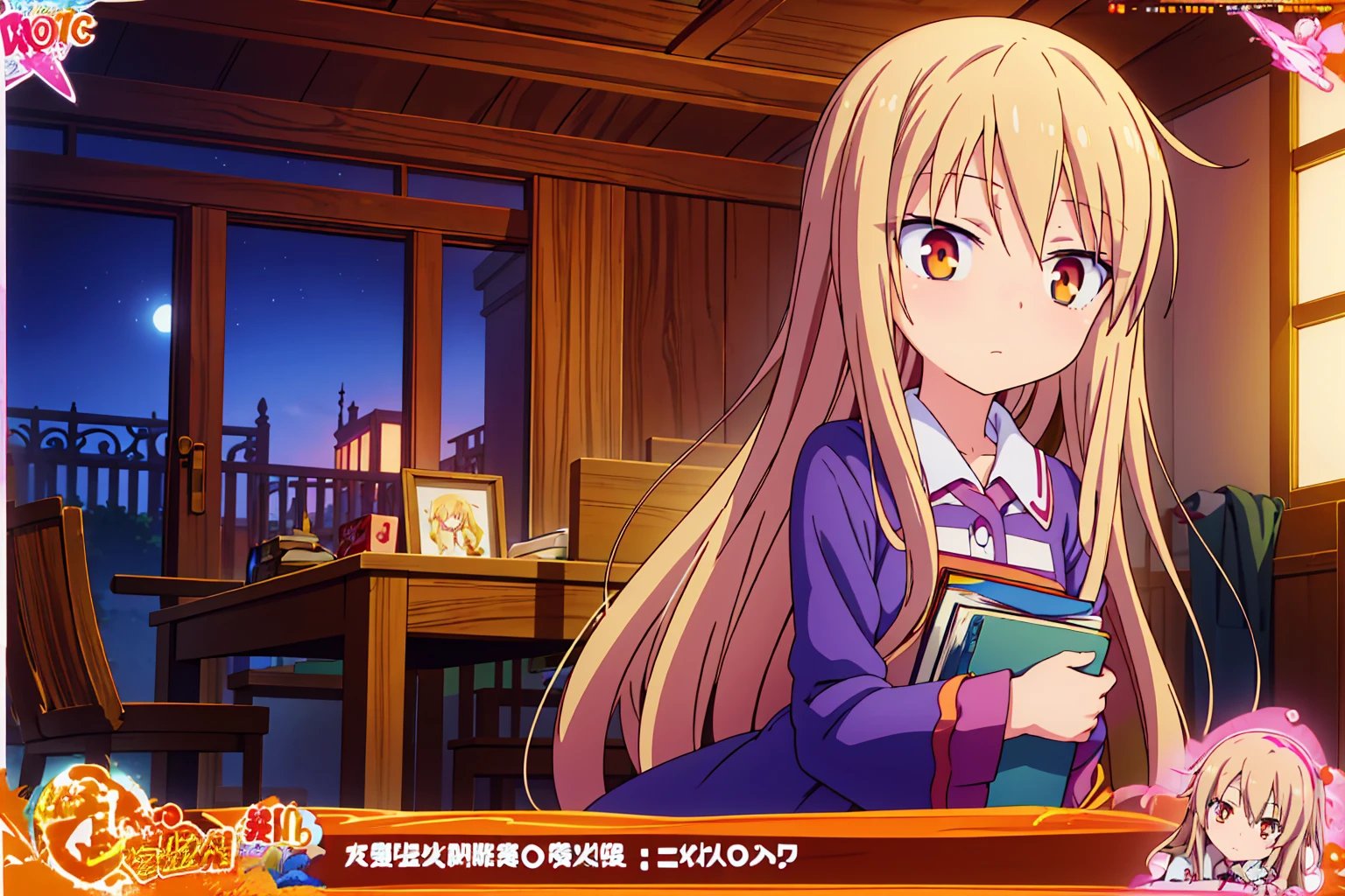  anime girl, Shiina Mashiro, Mashiro, Sakurasou anime, long blonde hair, orange eyes, expressionless, , witch outfit, magic book, Wooden room, Pictures, posters