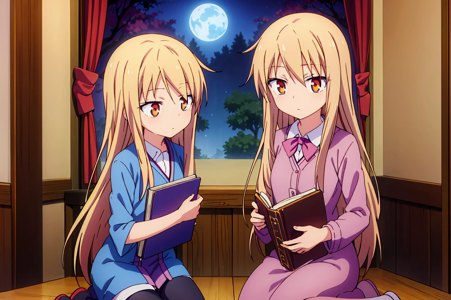 Teenage anime girl, Shiina Mashiro, Mashiro, Sakurasou anime, long blonde hair, orange eyes, expressionless, , witch outfit, magic book, Wooden room, Pictures, posters