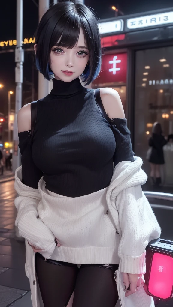 (Safety Sensor、sfw:1.8, Approved as safe、Can be viewed:1.8),masterpiece、masterpiece、highest quality、highest quality、Accurate the human body、Lighting to suit the mood、Accurate、Elaborate、masterpiece、Exquisite facial detail、Detailed Background、Background Blur、Detailed and beautiful background、Accurate 5-finger、Accurate human body、The perfect human body、
BREAK、
(Straight short bob hair:1.8、 Blackhair & blue hair、Heavy bangs:1.2、White skin、Super big boobs:1.5、ネオンライト、 night:1.6, Dim lighting:1.8, jirai girl:1.5, jirai makeup:1.3), Outdoor、 Side zip off-the-shoulder sweater、No underwear:1.5,Vulgar Grin:1.8, Mesgaquismiles:1.8、Sexually provocative girl:1.8、Downtown at night、Big city、A street corner in the red light district at night、crowd:1.8