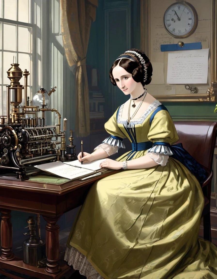 Ada Lovelace sitting in front of an analytical machine, writing mathematical notes with precision and concentration, highlighting the scientific equipment of the time and the details of their clothing. The setting is a historical representation of a Victorian office.