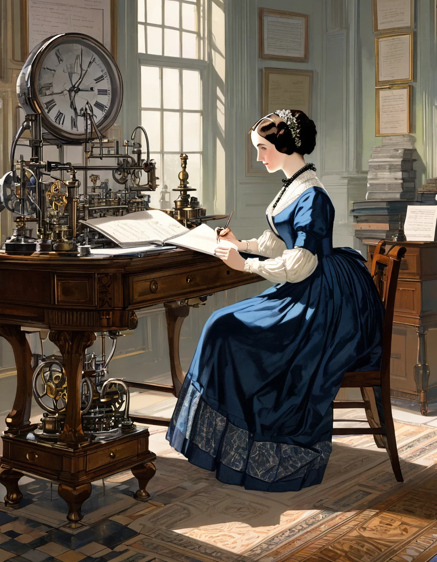 Ada Lovelace sitting in front of an analytical machine, writing mathematical notes with precision and concentration, highlighting the scientific equipment of the time and the details of their clothing. The setting is a historical representation of a Victorian office.