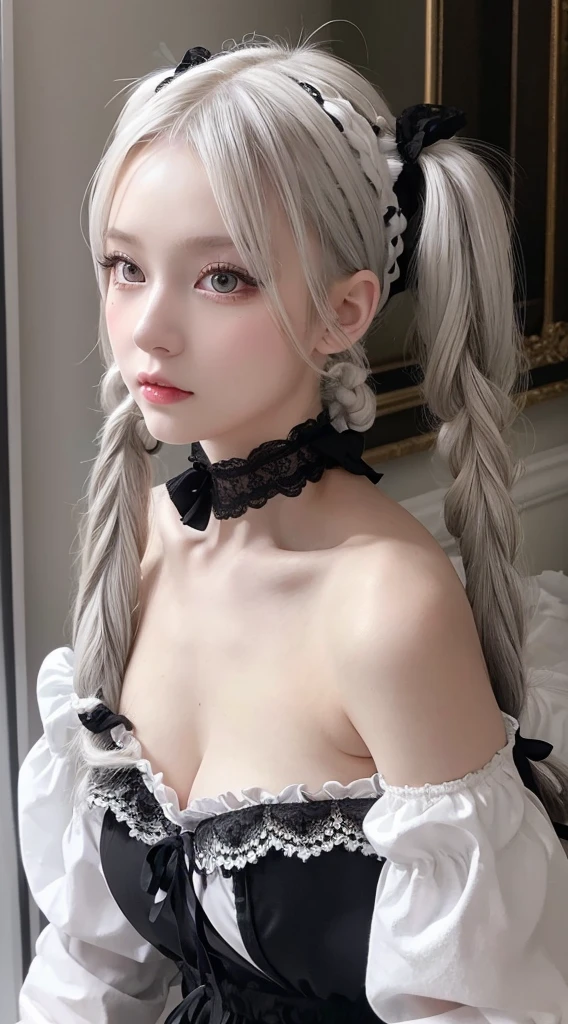 girl,albino,Gray Hair,White skin, Grey Eyes, Very long-term, (Twin tails:1.4), hair accessory, She is wearing off-the-shoulder black and white maid lace lingerie