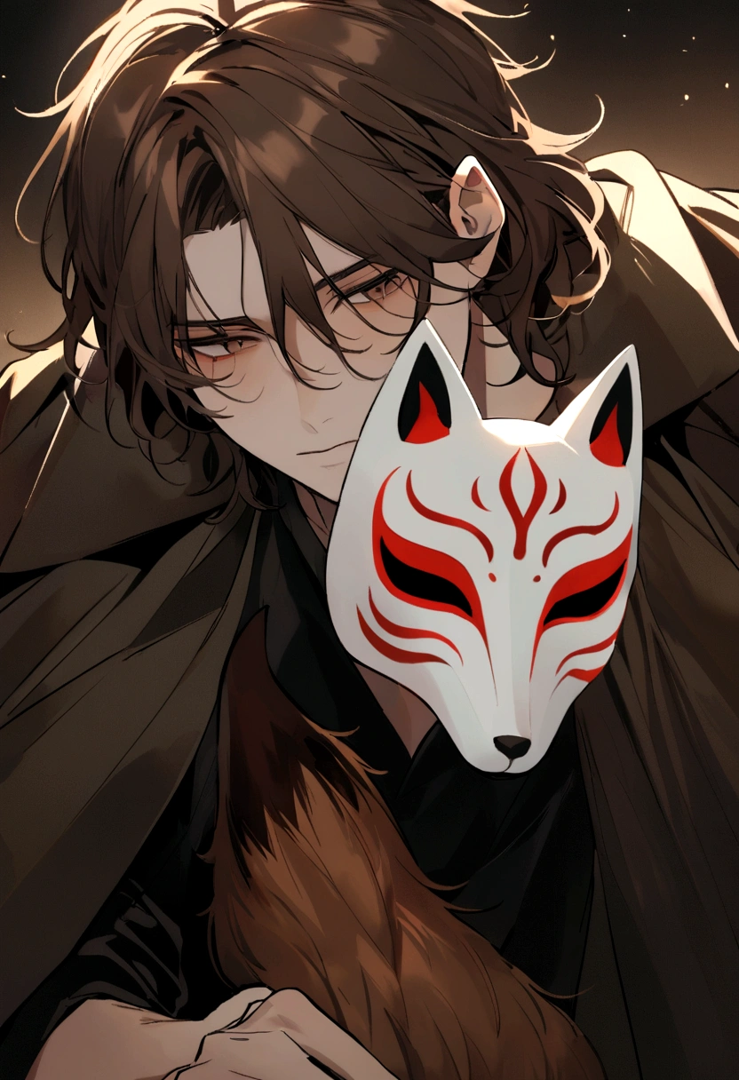 A young man with fair skin, tousled brown hair cascading down to his shoulders. His face features a broken fox mask he wears over his face. His penetrating brown eyes are observant, and he wears a black shirt.