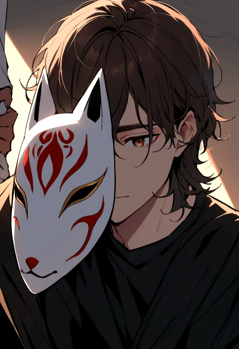A young man with fair skin, tousled brown hair cascading down to his shoulders. His face features a broken fox mask he wears over his face. His penetrating brown eyes are observant, and he wears a black shirt.