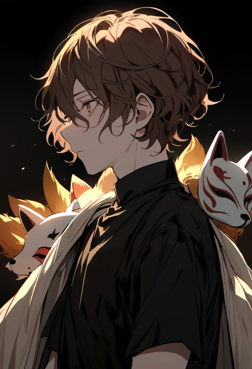 A young man with fair skin, tousled brown hair cascading down to his shoulders. His face features a broken fox mask he wears over his face. His penetrating brown eyes are observant, and he wears a black shirt.