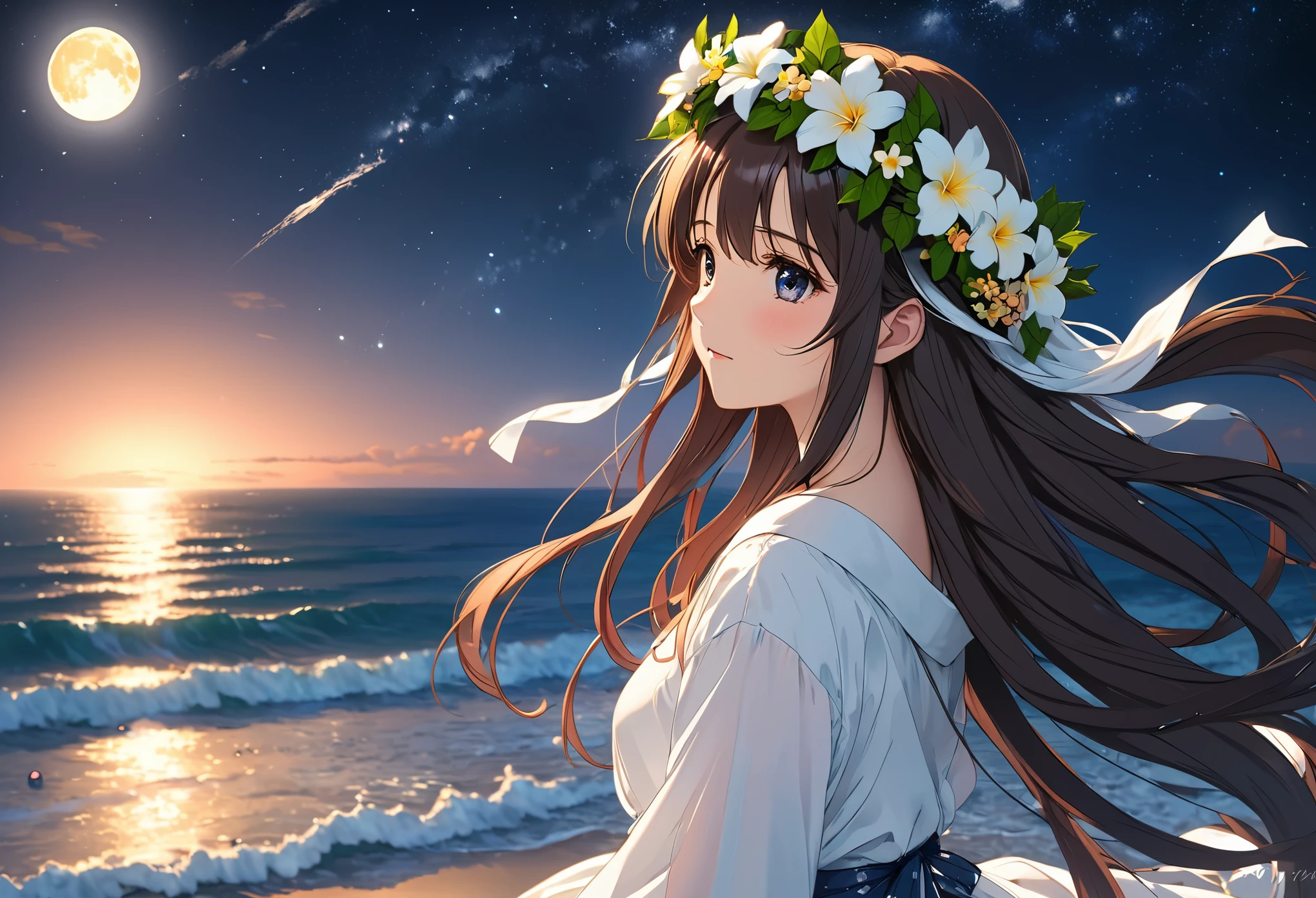 純whiteの少女は氷のような翡翠色ではない.. Her long hibiscus hair reaches down to her waist... 彼女は金属の縁取りが施されたシルクのエレガントなwhiteいストッキングを履いている。.。.(white, Translucent meat) Embarrassed look。Spoony。 Setting up the scene: A bright moon rises over the sea,The end of the world is now(Beautiful starry sky and Milky Way) Wearing a wreath on her head, A dreamlike wind blew her clothes away..