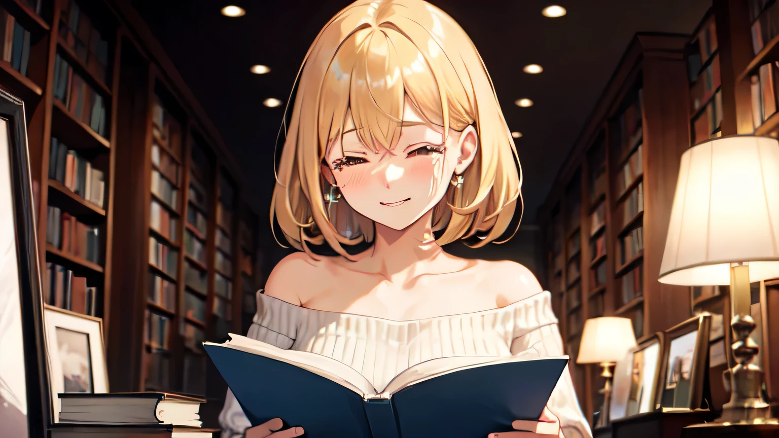 ((Highest quality)), ((masterpiece)), (detailed), One girl, Off-the-shoulder sweater, library、Reading a book、Crying and laughing、blonde、Smooth Hair、Close ~ eyes、