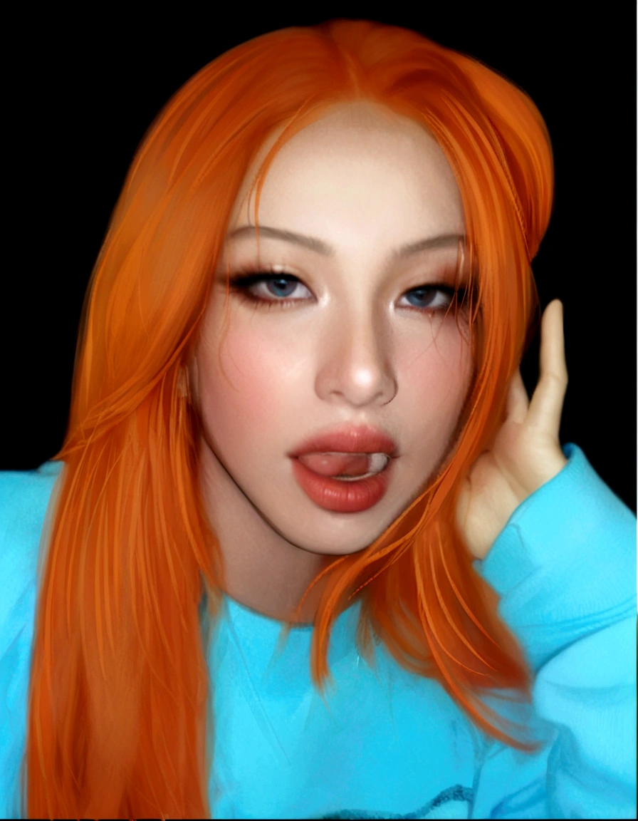 arafed woman with Orange hair and blue shirt posing for a picture, realistic art style, bright orange hair, # 1 digital painting of all time, #1 digital painting of all time, she has long redOrange hair, Inspired by Russell Dongjun Lu, Kawaii realistic portrait, orange head, Orange hair, realism artistic style, Portrait of Blackpink's Jossi