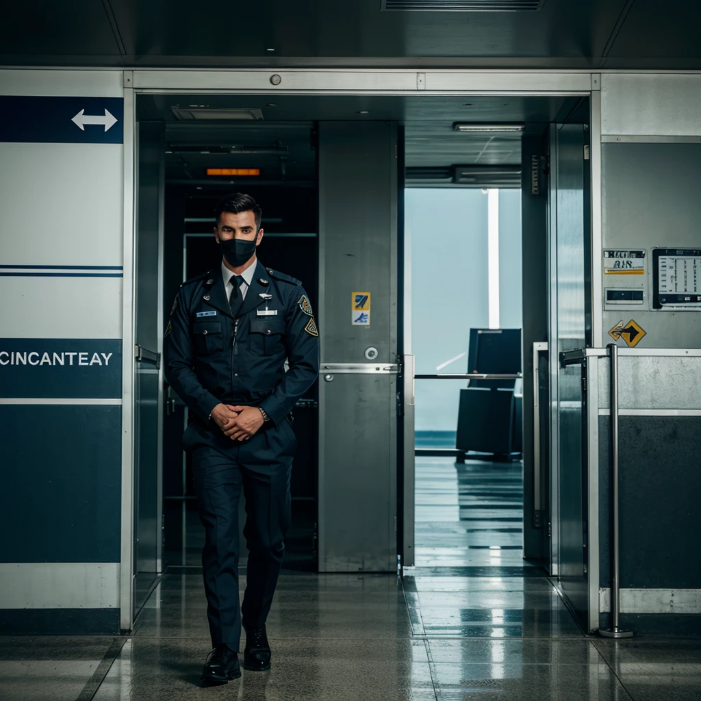 One man in a brown military uniform slowly opens the door, The focus is on the man's back, The man's face is not visible, Cinematic, Filmic, with a beard and glasses