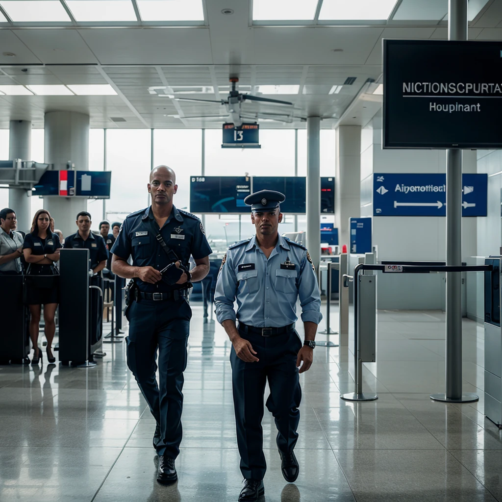A man wears aviation security uniform, standing in the runway of an airport