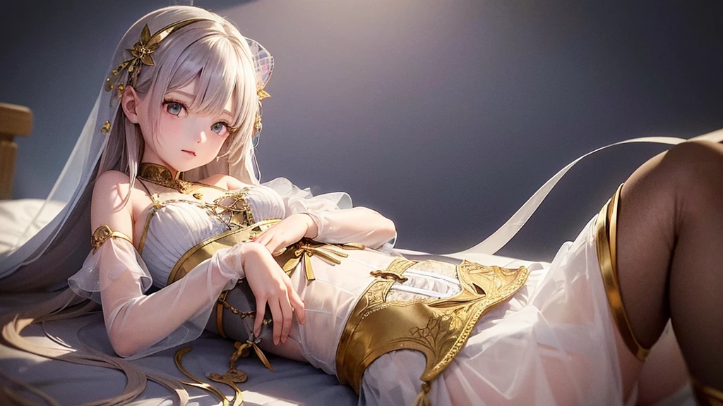 8 year old medieval girl, １people、In underwear、Gold and silver thread embroidery、She is wearing translucent bloomers that reach below her knees.、Wearing a semi-transparent corset、Translucent slip, Grey translucent tights、sleep