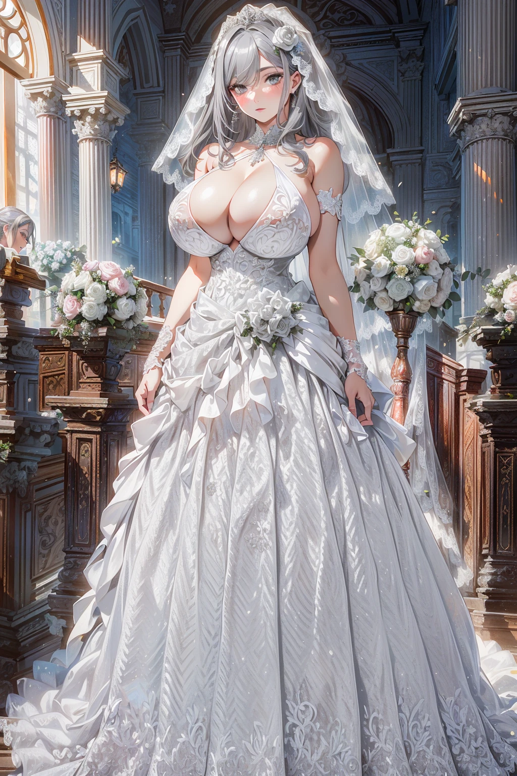 absurd, 8K, high resolution, ultra detailed, beautiful, masterpiece, best quality, very pretty woman, young, very pretty woman, (grey hair:1.4), sexy, (very big boobs:1.4), Detailed woman's face, very attractive, (wedding dress:1.4), full body, detail_face