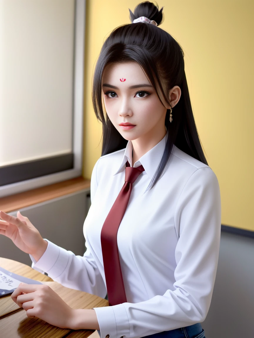 ((hrd, hud, 8k)),((masterpiece, best quality)), highly detailed,1girl, solo, hair ornament, hair bun, black hair, long hair, forehead mark, facial mark, earrings, (collared shirt:1.2), necktie, denim shorts, black pantyhose,blurry background, classroom, chalkboard, sitting, cowboy shot, looking at viewer,simple background, white background, upper body, standing, looking at viewer,