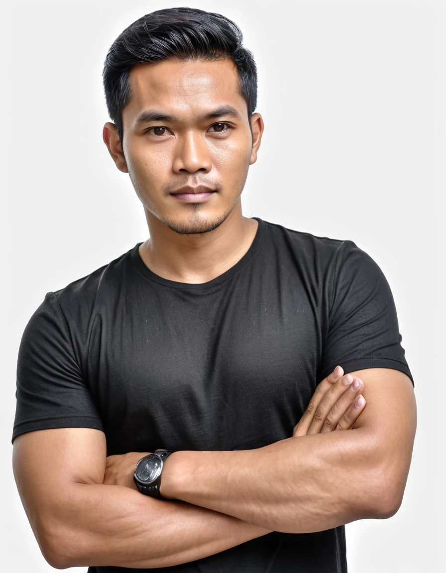 (High quality, 4K, HDR) A handsome Indonesian man, 30 years old, with short hair, wearing a black shirt, standing with arms crossed, facing forward. (white background), (realistic, super detail)