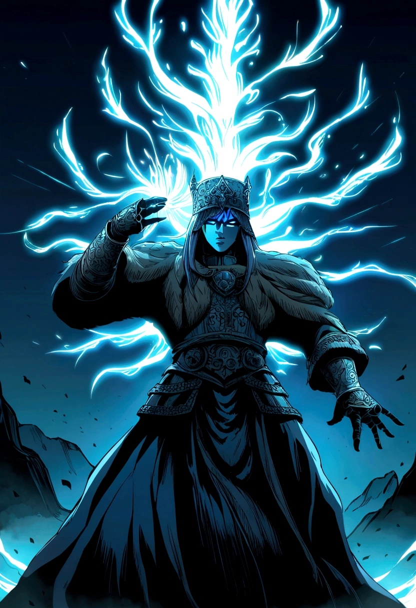 illustration in anime style, a magician guy fights using magic, in the style of Elden Ring, dark souls, an atmosphere of darkness and gloom, the magician's eyes are checked with blue light