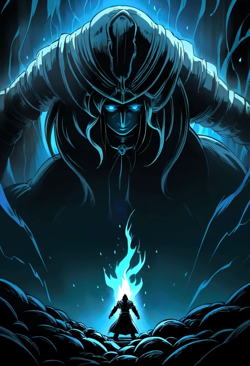 illustration in anime style, a magician guy fights using magic, in the style of Elden Ring, dark souls, an atmosphere of darkness and gloom, the magician's eyes are checked with blue light