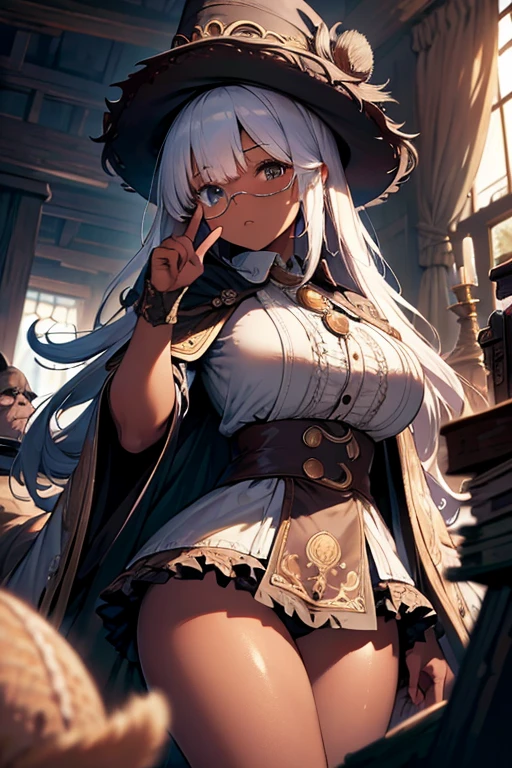 (masterpiece:1.2),Detailed explanation, Awards, high quality, High resolution, HD, 4K,8K,high quality,(professional illustration:1.1),(Chewy breasts,tender breasts:1.3),Thighs focus,(dark skin:1.2),white hair,(****:1.1),cape,poncho,Fuzz hair,Flowing hair,military uniform,Alchemist,huge wizard hat,(hide your eyes with a hat),intricate details,elaborate embroidery,long paleo,(monocle:1.3),odd eye,pov,Junk pile,making a index finger up