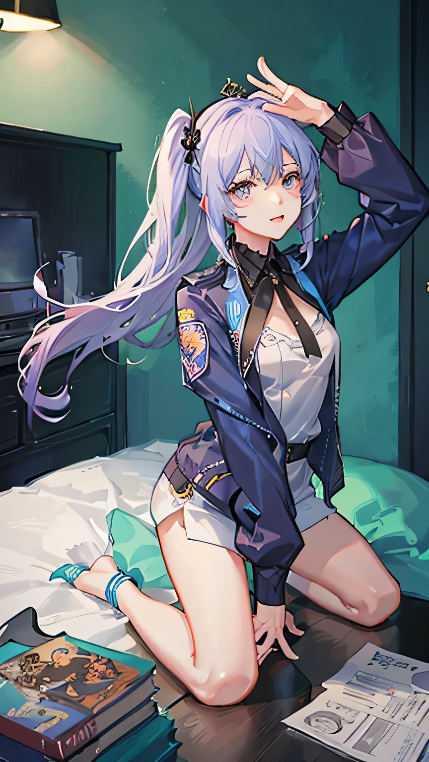 highest quality,sleep on your back in bed，Symphony_sugar,light blue hair,navy blue eyes,hair ornaments,long hair,White Long_glove,Light blue short dress,black pantyhose,high heels, ultraman bodysuit,show me your boots，thigh high boots，leotard peep，glove，elegant, 1 girl, cute, blushed, looking at the viewer, from below, prison，blue eyes, beautiful eyes, beautiful background, particles of light, Light of the sun, dramatic lighting, outside, shiny, realistic, highest quality, Super detailed, get used to it, scenery, beautiful and detailed eyes, thin hair，full body shot，