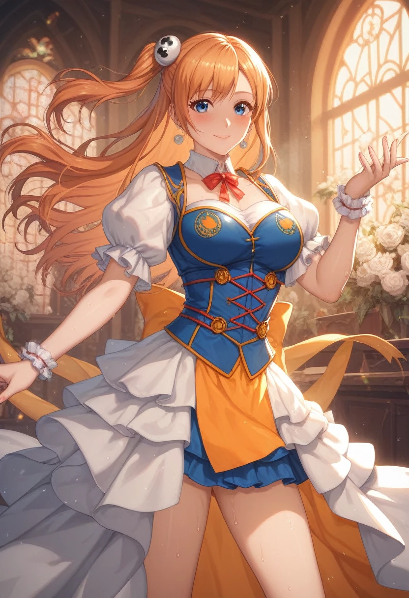 (Masterpiece, Best Quality, High Quality), volumetric lighting, illustration, beautiful, perfect lighting, perfect shadows, (breathtaking scenery:1.1), blushing,  standing, honoka kousaka, blue eyes, orange hair, doa honoka outfit wrestler , sweating, exited smile , detailed floating hair strands, castlevania style, closed mouth ,thicc legs 