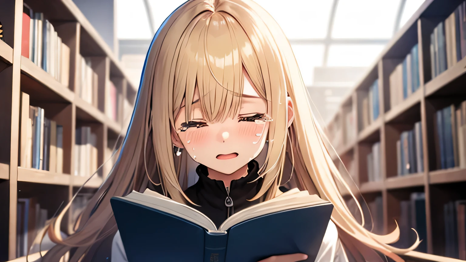 ((Highest quality)), ((masterpiece)), (detailed), One girl, library、Reading a book and being inspired、I close my eyes and cry with joy、blonde、Smooth Hair、Tears、