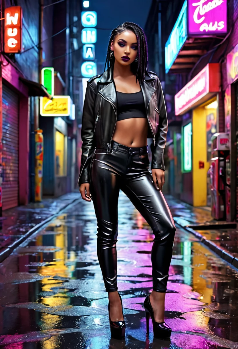 Beautiful dark girl. Black braided hair flowing behind her back. Tight black leather pants. Black crop top. Black High heels. Black leather jacket. Violet coloured eyes. Hands in pockets. One leg crossed infront of the other. Standing in an Edgy urban alley. Modern city. Night time. Illuminated by neon signs from a nearby gas station. Pavement glistening from recent rain. Rain puddles on the pavement. Photorealistic. 