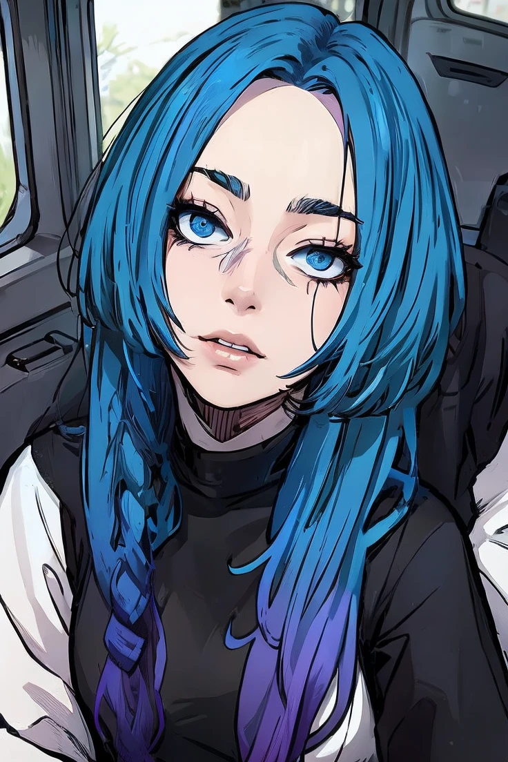 Portrait of a woman with blue hair with purple highlights on the ends sitting in a van Realistic, lifelike images 
