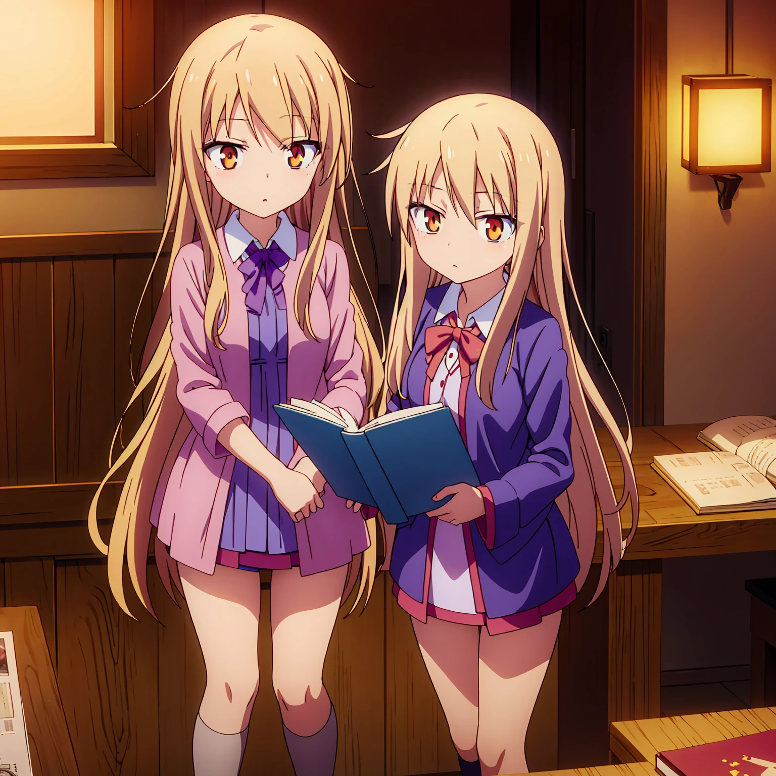 Teenage anime girl, Shiina Mashiro, Mashiro, Sakurasou anime, long blonde hair, orange eyes, expressionless, , witch outfit, magic book, Wooden room, Pictures, posters