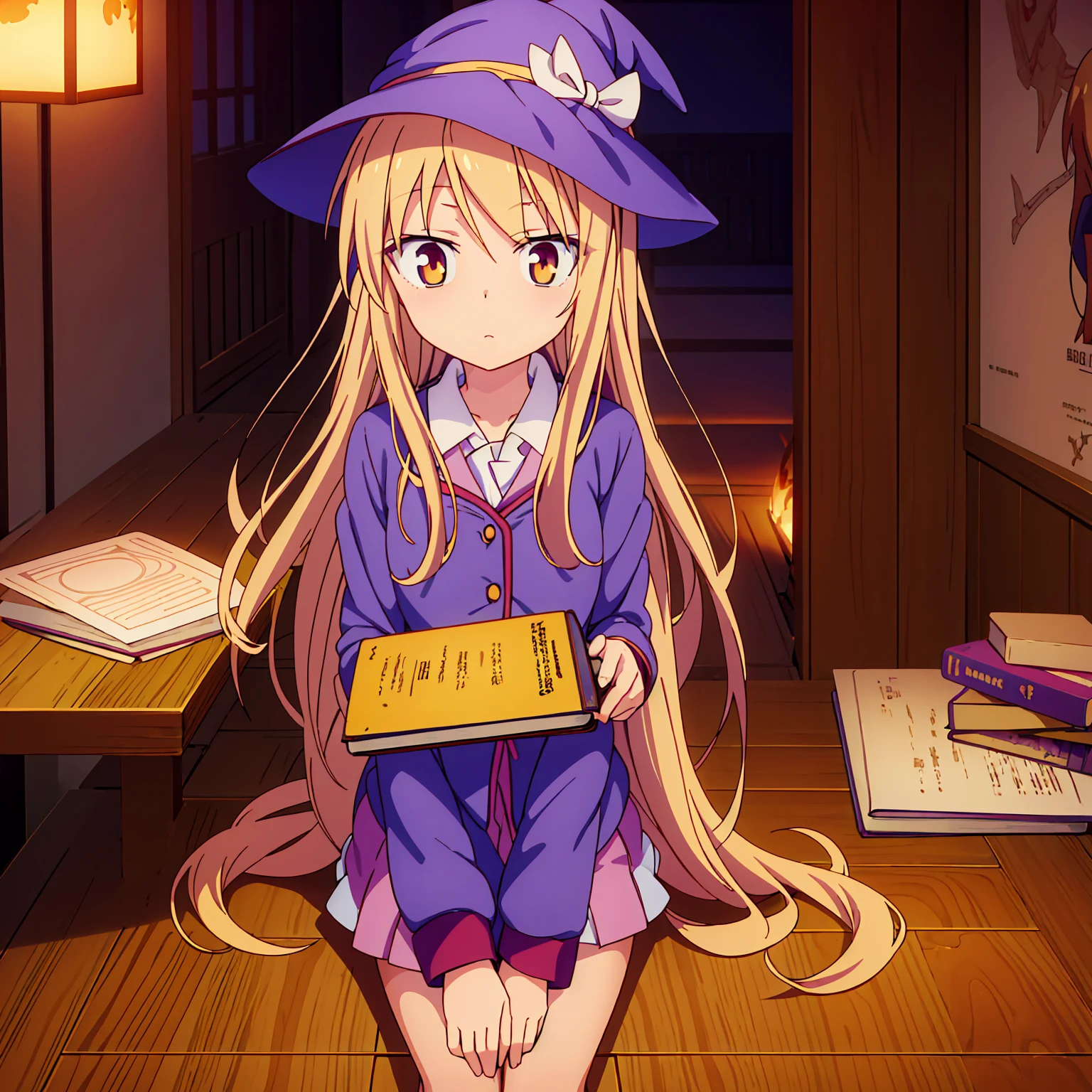 Teenage anime girl, Shiina Mashiro, Mashiro, Sakurasou anime, long blonde hair, orange eyes, expressionless, , witch outfit, magic book, Wooden room, Pictures, posters