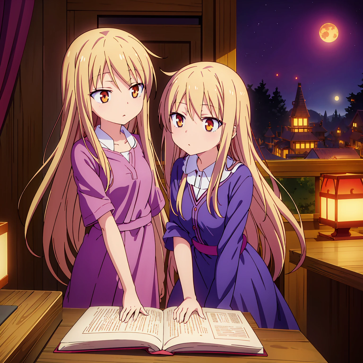 Teenage anime girl, Shiina Mashiro, Mashiro, Sakurasou anime, long blonde hair, orange eyes, expressionless, , witch outfit, magic book, Wooden room, Pictures, posters