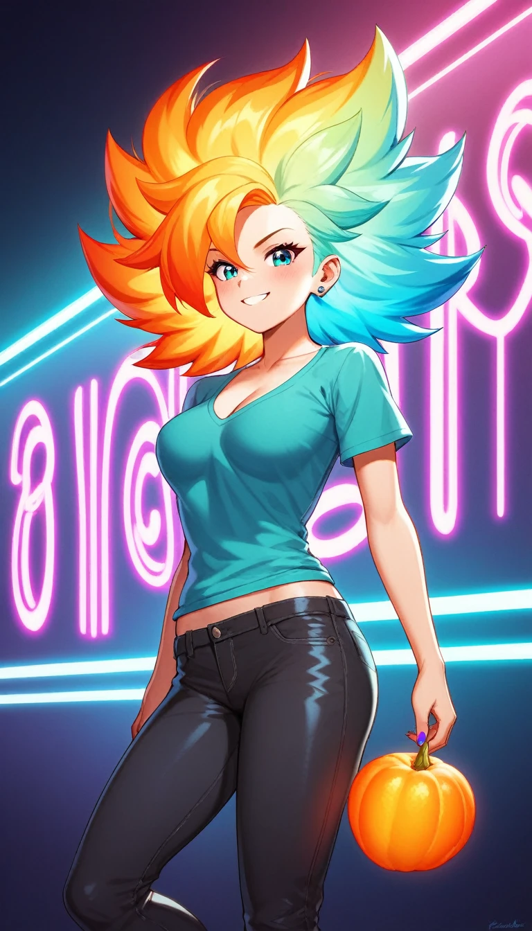 A mesmerizing digital illustration showcasing a young woman with unconventional, vibrant hair colors that blend seamlessly into one another. Her hair features a mix of bold blues, purples, fiery oranges, and electric greens, framing her face with an edgy, captivating aura. The urban background, adorned with graffiti and neon lights, enhances her style and portrays an atmosphere of freedom and urban sophistication. The artwork masterfully combines digital illustration techniques to create depth and style, while maintaining a minimalist touch that emphasizes simplicity and elegance.