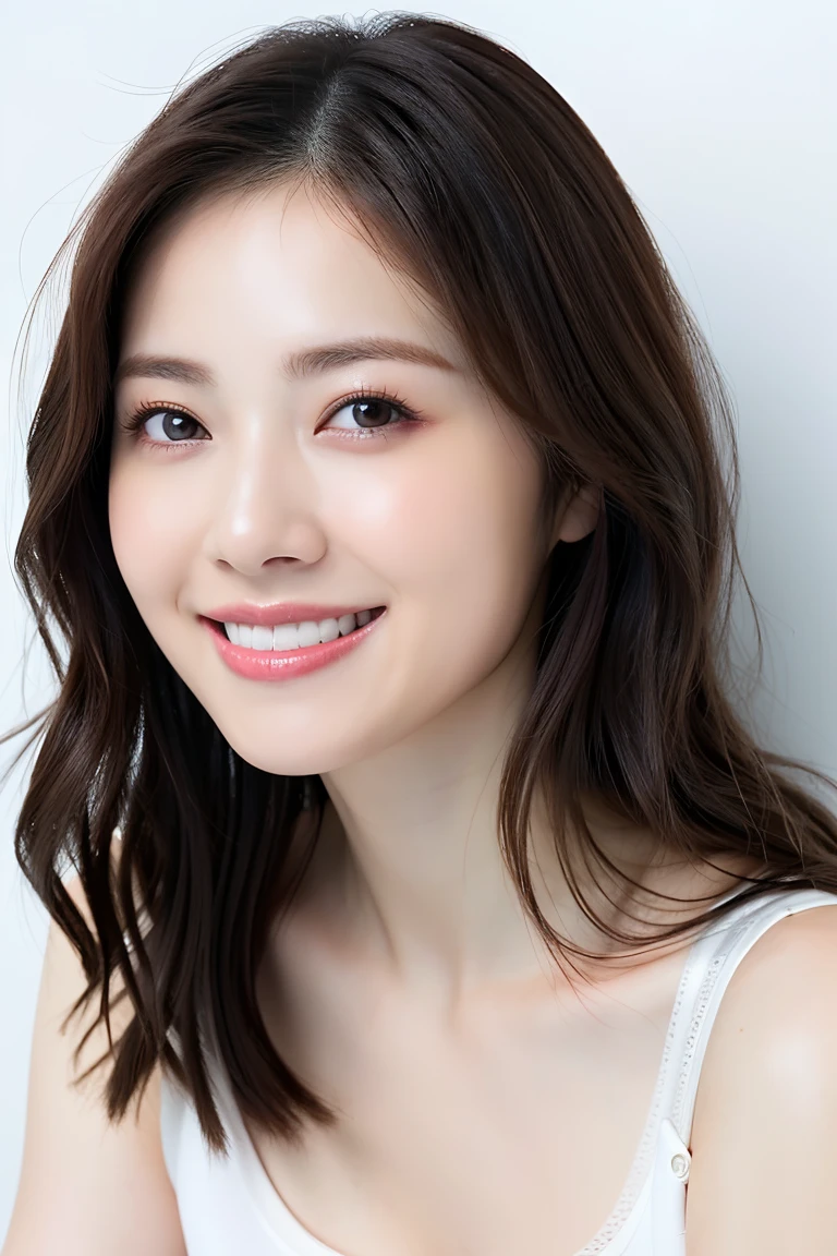 (Highest quality、Tabletop、8K、Best image quality)、1 female、(Close-up of face:1.4)、(Beautiful high-end bras:1.1)、(Large Breasts:1.2)、(Voluptuous body:1.2)、Biggest Smile、Smiling with beautiful teeth、(Leaning against a pure white wall:1.5)、Ultra HD glowing bright skin、Glossy, moist skin、Ultra-high definition sparkling eyes、Natural Makeup、Perfect Anatomy、Blurred Background