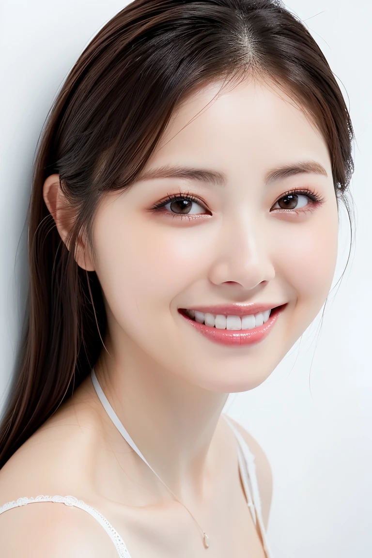 (Highest quality、Tabletop、8K、Best image quality)、1 female、(Close-up of face:1.4)、(Beautiful high-end bras:1.1)、(Large Breasts:1.2)、(Voluptuous body:1.2)、Biggest Smile、Smiling with beautiful teeth、(Leaning against a pure white wall:1.5)、Ultra HD glowing bright skin、Glossy, moist skin、Ultra-high definition sparkling eyes、Natural Makeup、Perfect Anatomy、Blurred Background