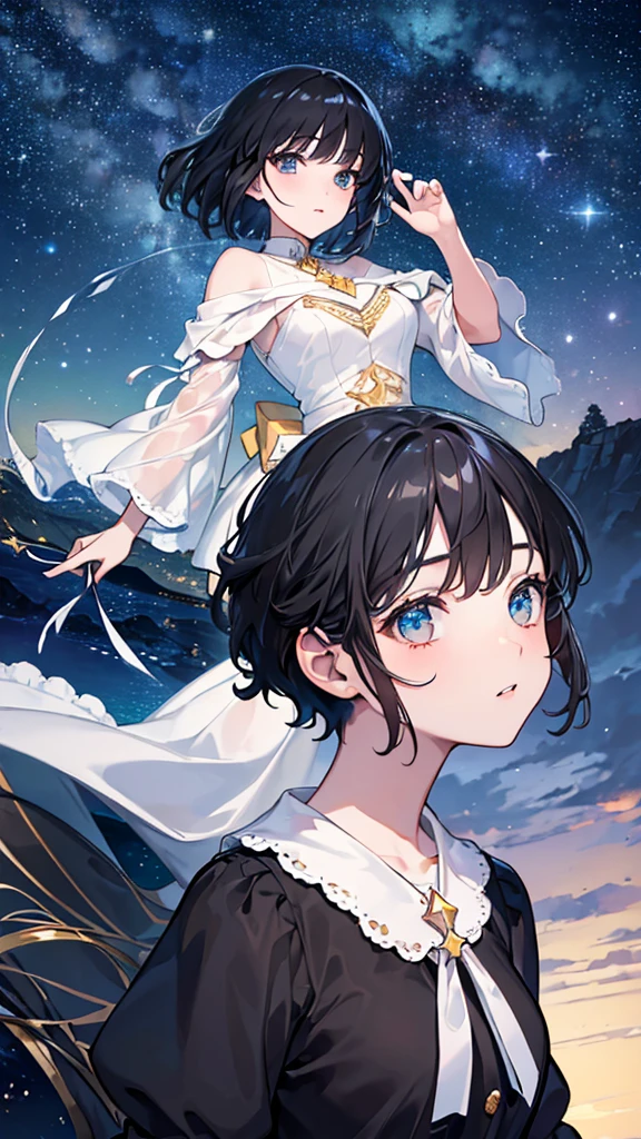 (masterpiece, Highest quality:1.3), High resolution, (figure: 1.3), Beautiful face and eyes in every detail, (Beautiful starry sky, Wonderful landscape:1.2), Fleeting Girl, Short black hair, Looking up at the sky,