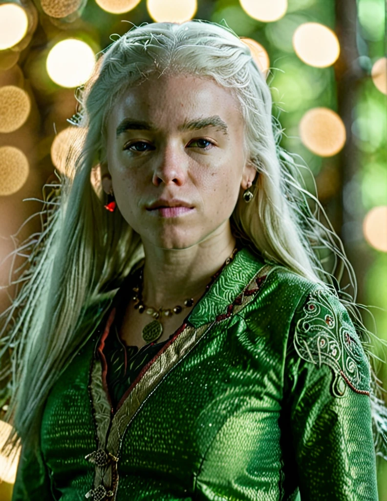 high resolution photo of rha3 woman with long white hair,she is wearing a green outfit,volumetric lighting and bokeh,the background is highly detailed,the shot is cinematic