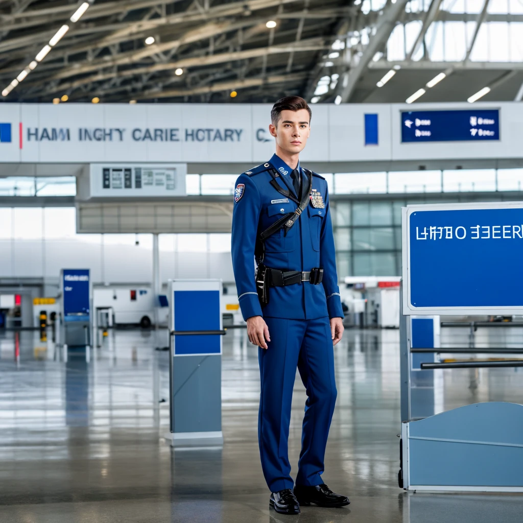 A man wears aviation security uniform, standing in the runway of an airport